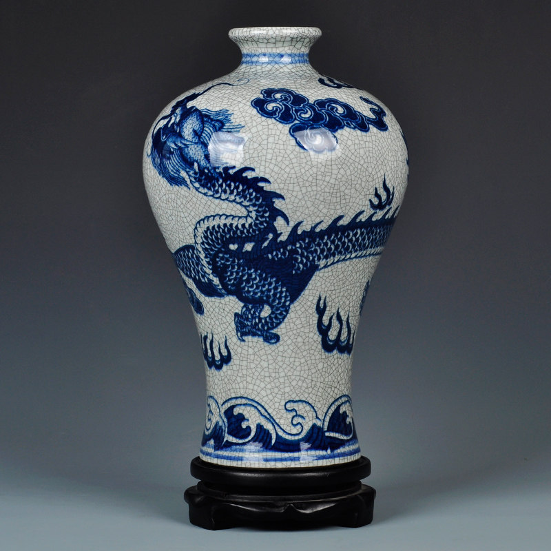 景德镇陶瓷器仿古官窑裂纹青花瓷龙纹花瓶客厅台面花瓶