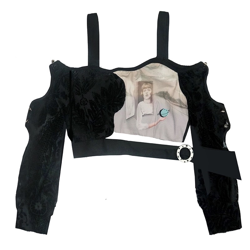 THESEVENTHTAIL设计师品牌短款露肩性感长袖上衣女性感紧身甜辣风