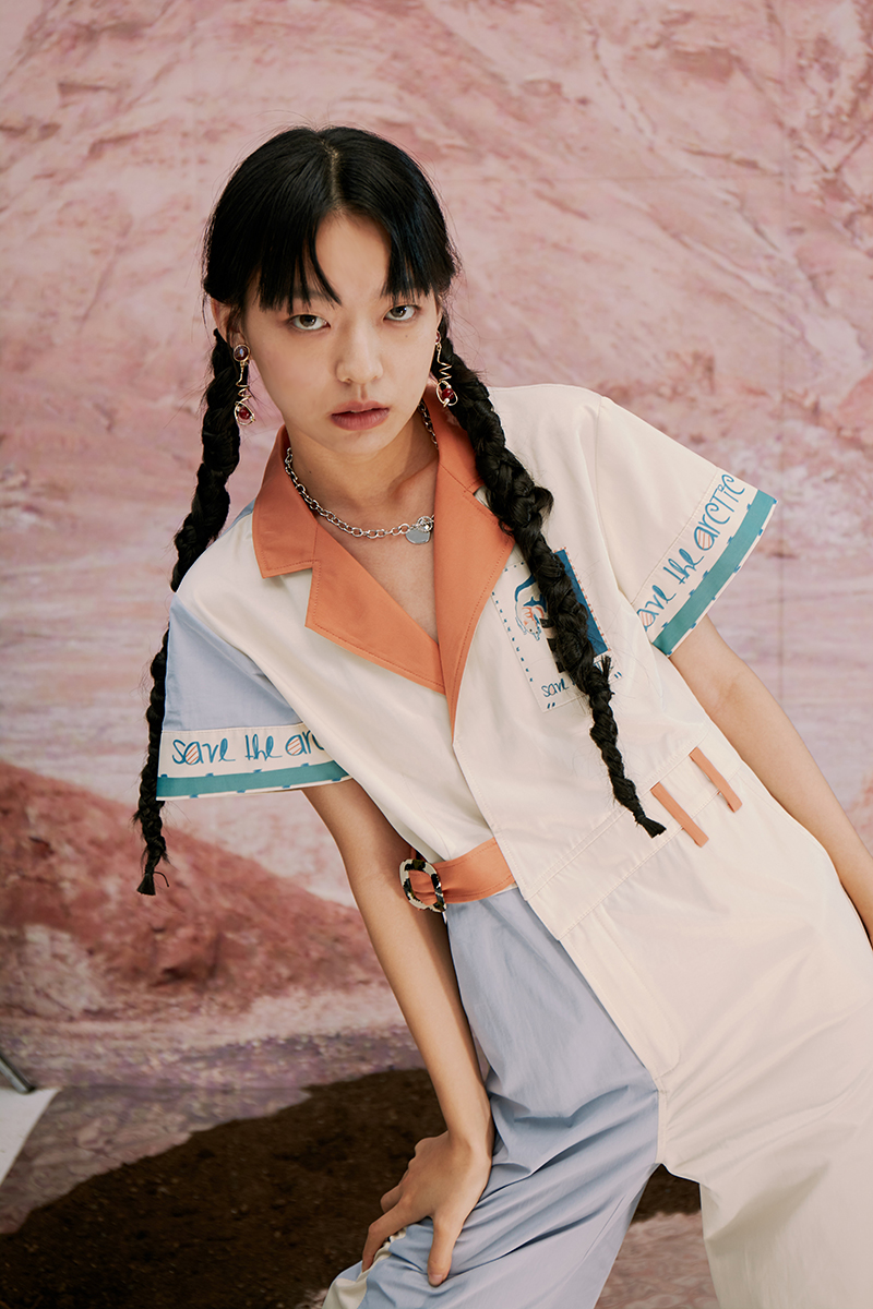 THESEVENTHTAIL设计师品牌原创拼接白色印花阔腿裤连体裤短袖女夏