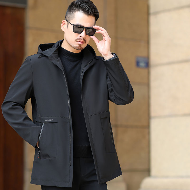 中年男士中长款连帽风衣中老年爸爸春秋外套成熟稳重休闲夹克男装