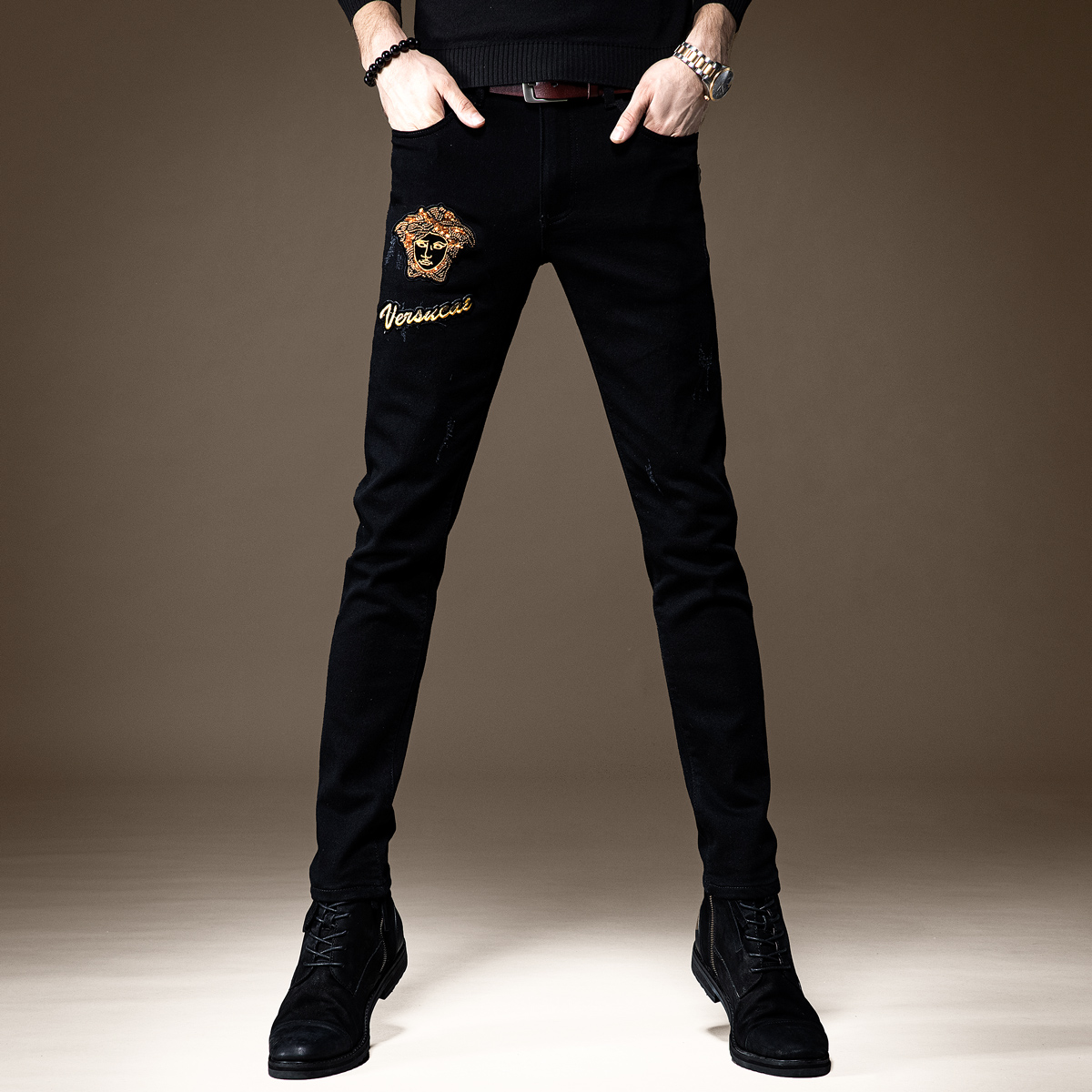 贵色春秋新款烫钻刺绣牛仔裤男黑色修身小脚弹力休闲潮流长裤子男