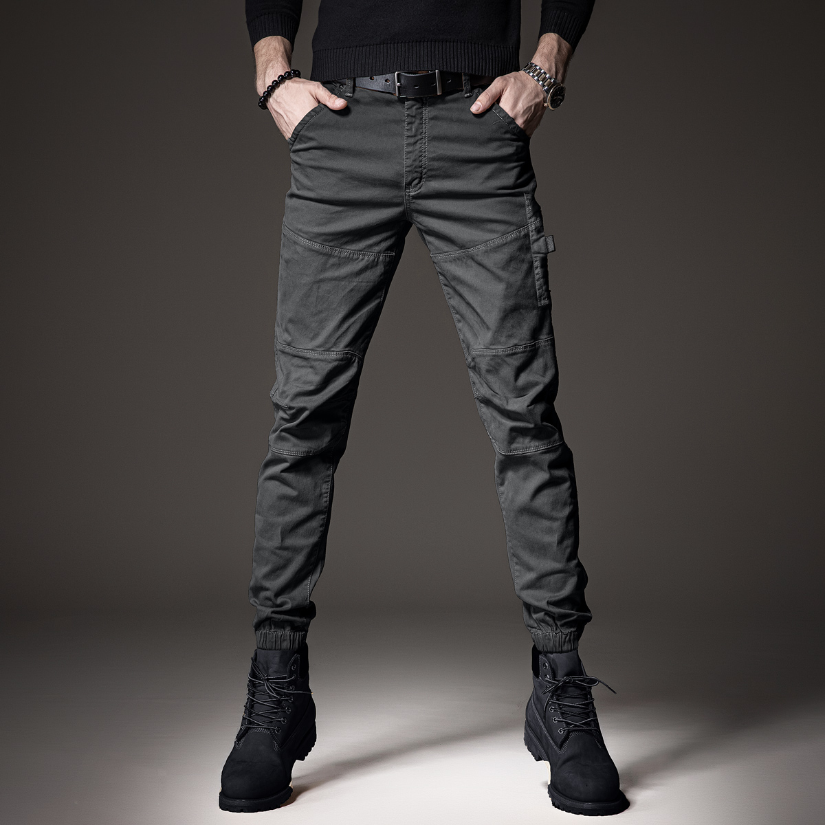 贵色春夏高端潮牌新款工装休闲裤修身小脚特种伞兵裤拼接束脚裤男