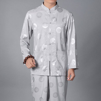 ຊຸດຜ້າໄຫມ Tang ດູໃບໄມ້ລົ່ນຂອງຜູ້ຊາຍອາຍຸກາງແລະຜູ້ສູງອາຍຸ grandpa and dad's long-sleeved suitsaged pajamas home clothes ice silk pajamas