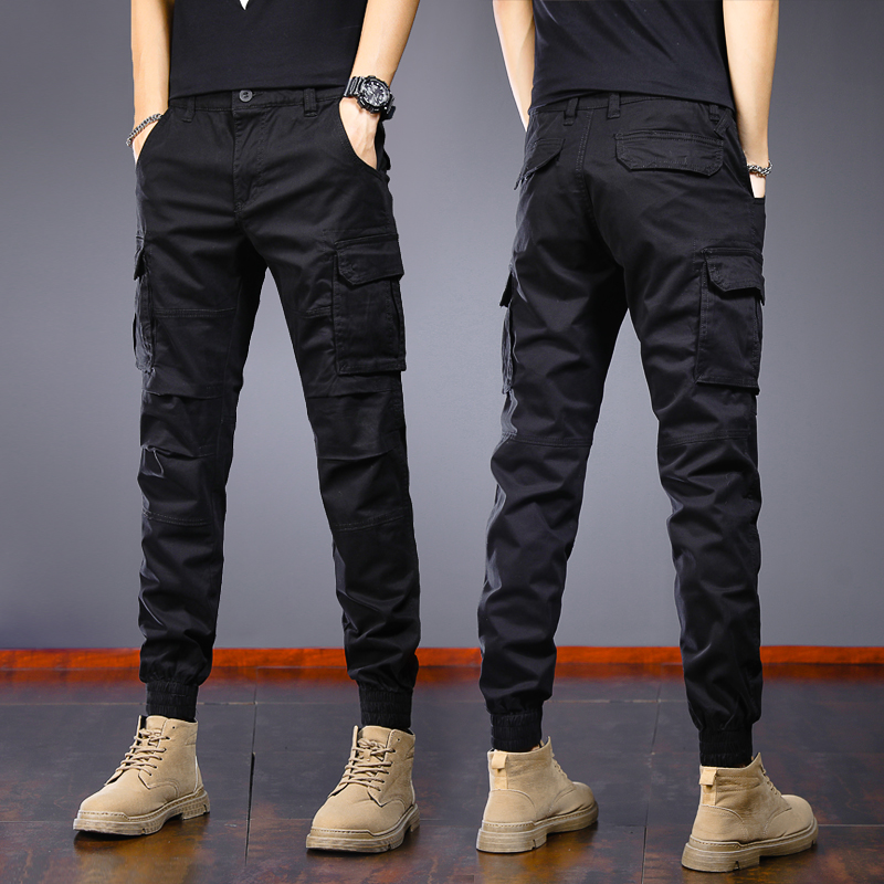 春秋款潮牌纯棉工装裤男士修身束脚裤黑色韩版2023春季休闲长裤子