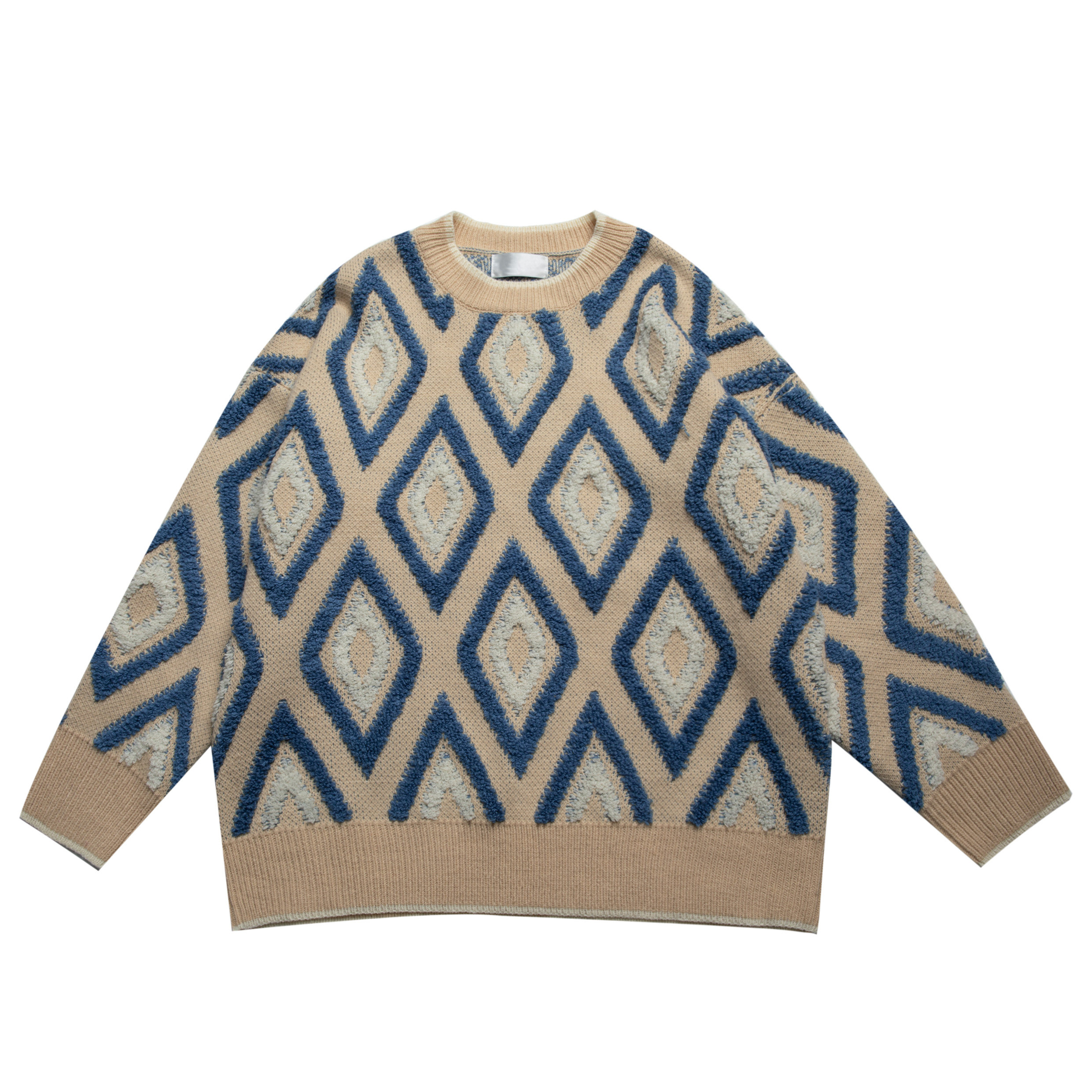 食着sezoo 港味复古菱形花纹毛衣女秋冬宽松韩版撞色针织衫上衣潮