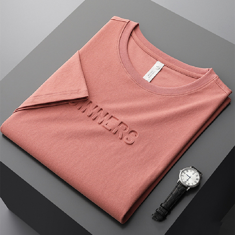 轻奢春夏立体压花圆领短袖t恤男浅绿色修身半袖衫轻商务休闲百搭