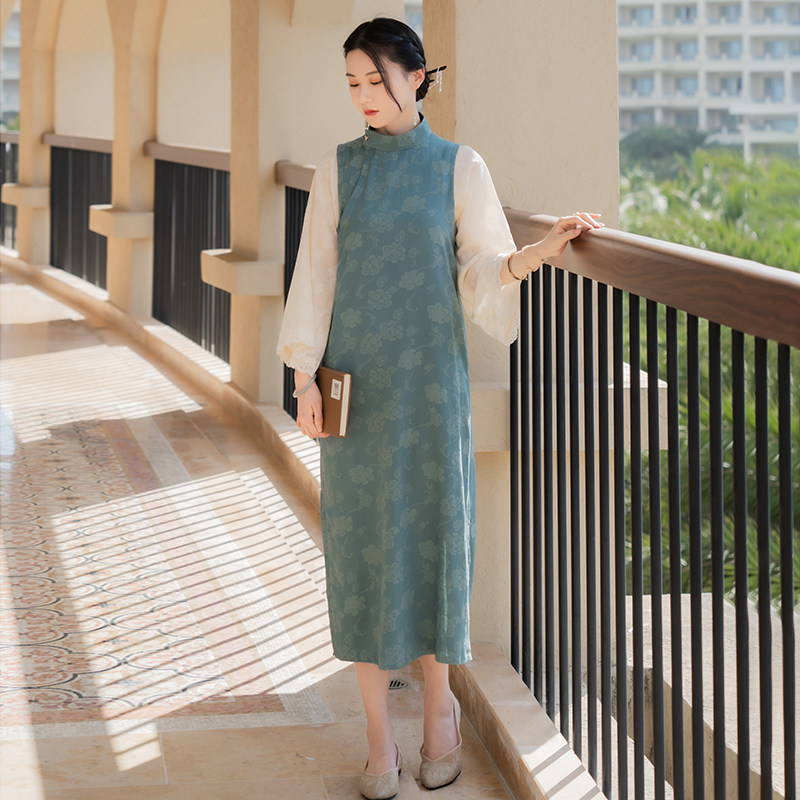 提花旗袍两件瘦假领显筒子春夏新款公子国风旗袍