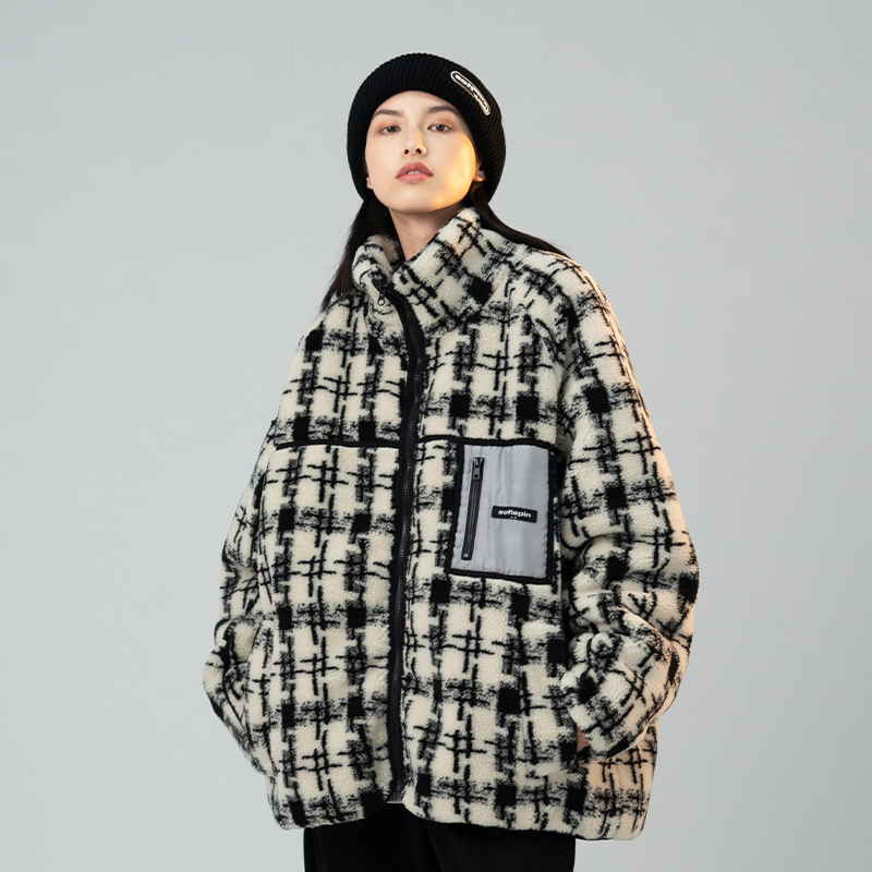 SOFTEPIN 21AW小香风口袋拼接宽松休闲双色情侣款羊羔绒夹棉外套