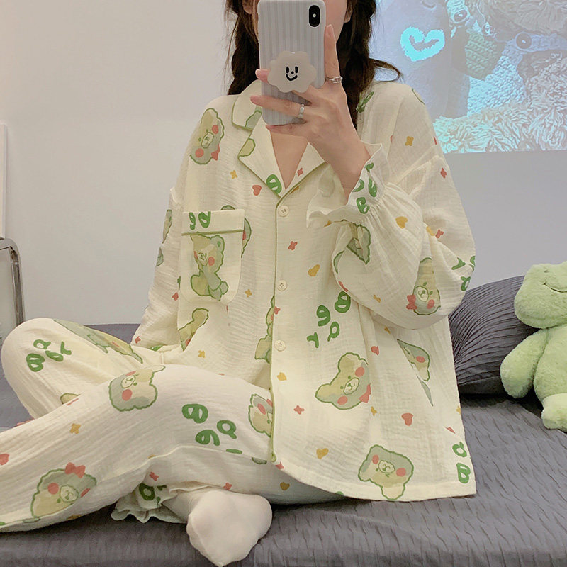 睡衣春秋纯棉纱布长袖薄款日甜美可爱卡通家居服睡衣