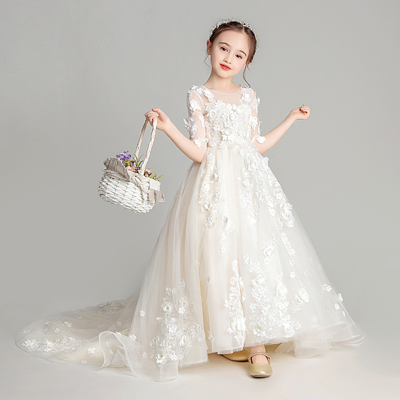 儿童婚纱超长拖尾主持洋气公主女孩生日高端儿童礼服