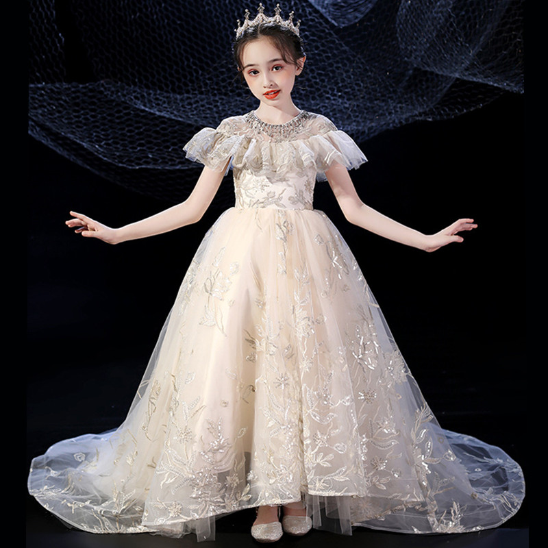 小孩子生日婚纱公主裙拖尾高级女童主持礼服钢琴儿童礼服