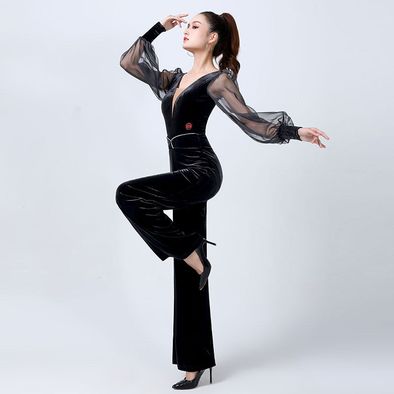 丹宝罗摩登交谊舞套装金丝绒礼仪形体训练服装高端拉丁舞上装