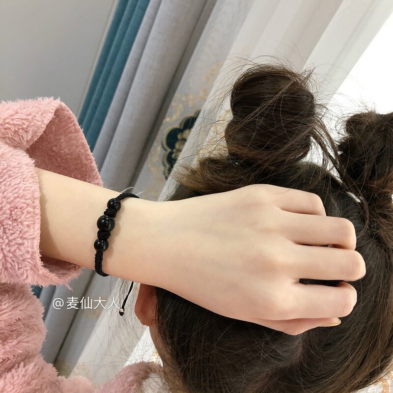 麦仙天然草莓晶黑曜石编绳手链女男情侣闺蜜甜酷中性水晶红绳礼物
