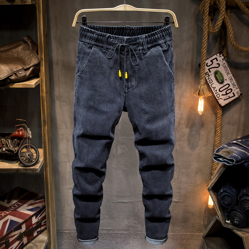 2020春夏秋四季新款松紧腰薄款牛仔裤男士韩版修身小脚潮流长裤子