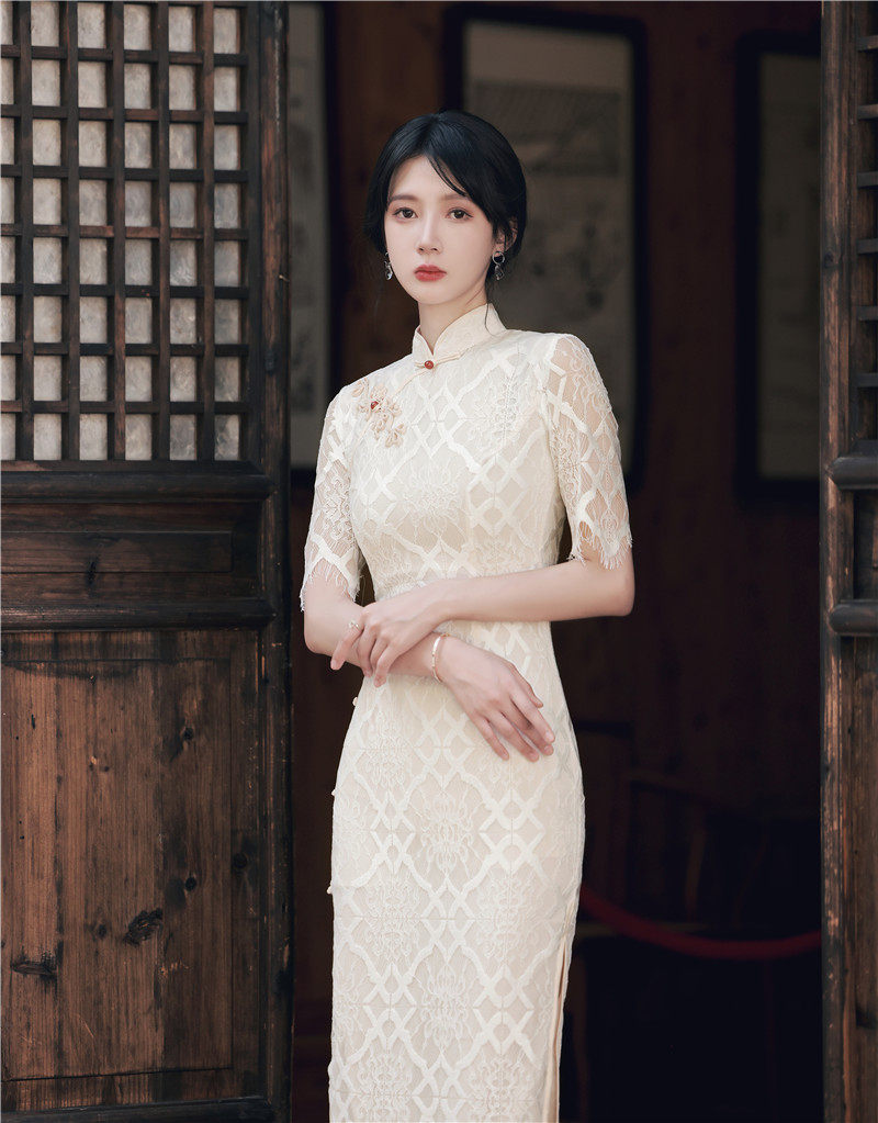 白色蕾丝旗袍2021年秋季新款中国国风改良复古旗袍