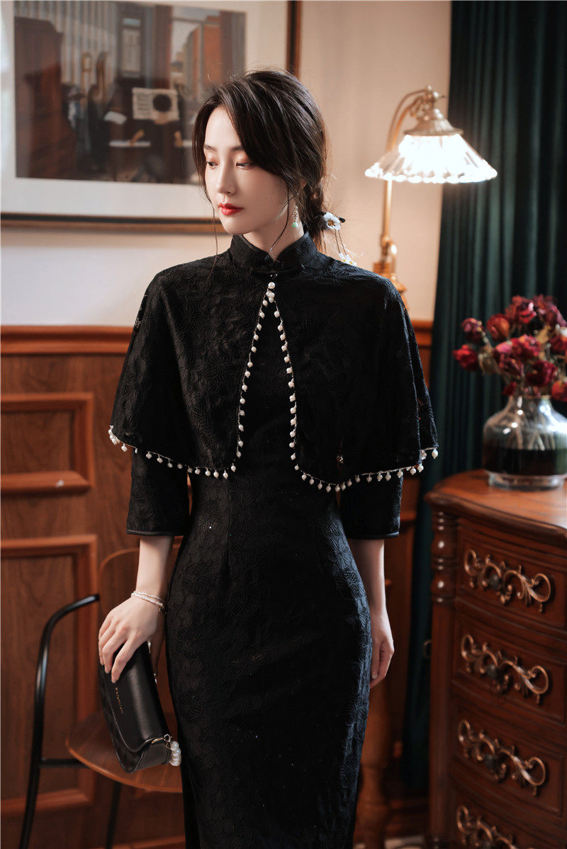 黑色司藤同款蕾丝旗袍2021年新款中国国风复古旗袍