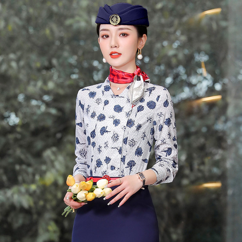 东航空姐制服高档职业套装女青花瓷防皱衬衫酒店前台珠宝店工作服