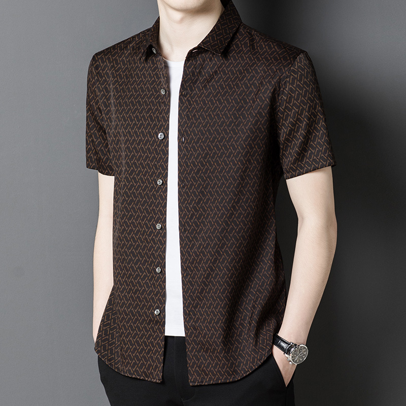 香云纱桑蚕丝短袖衬衫男士夏季真丝高端男装衬衣商务薄款格子半袖