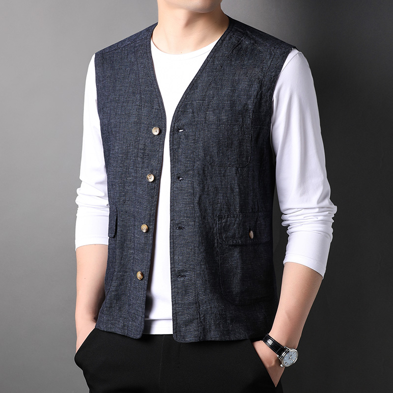 100%纯亚麻开衫背心男士春夏季V领钓鱼马甲男装麻料马夹薄款外套