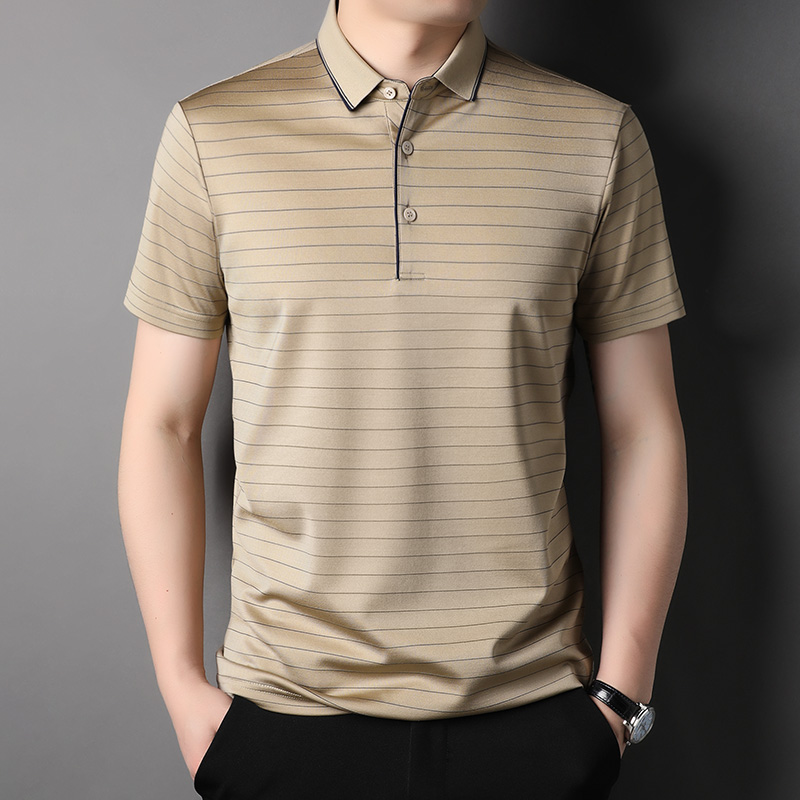 100%纯桑蚕丝高端商务polo衫男真丝短袖t恤夏季翻领条纹半袖男装