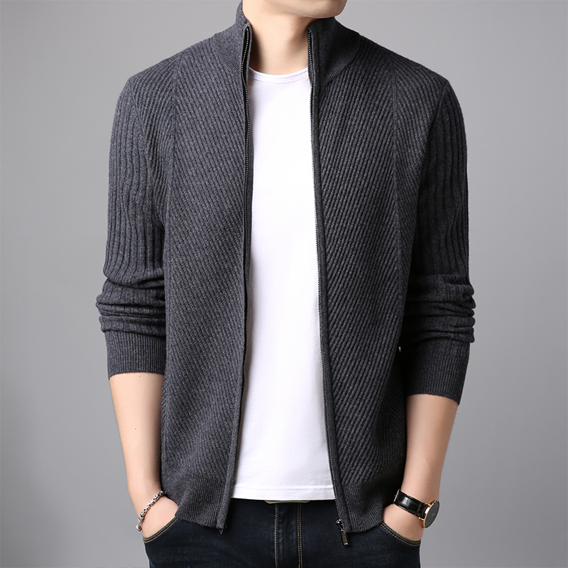 立领纯色开衫男加厚毛衣韩版纯羊毛针织衫秋冬季潮流帅气男装外套