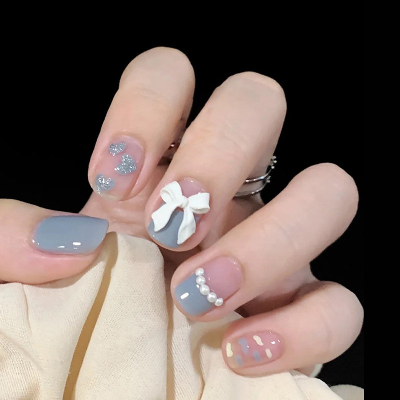 手工光疗美甲贴片薄荷奶蓝蝴蝶结珍珠桃心学生美甲工具