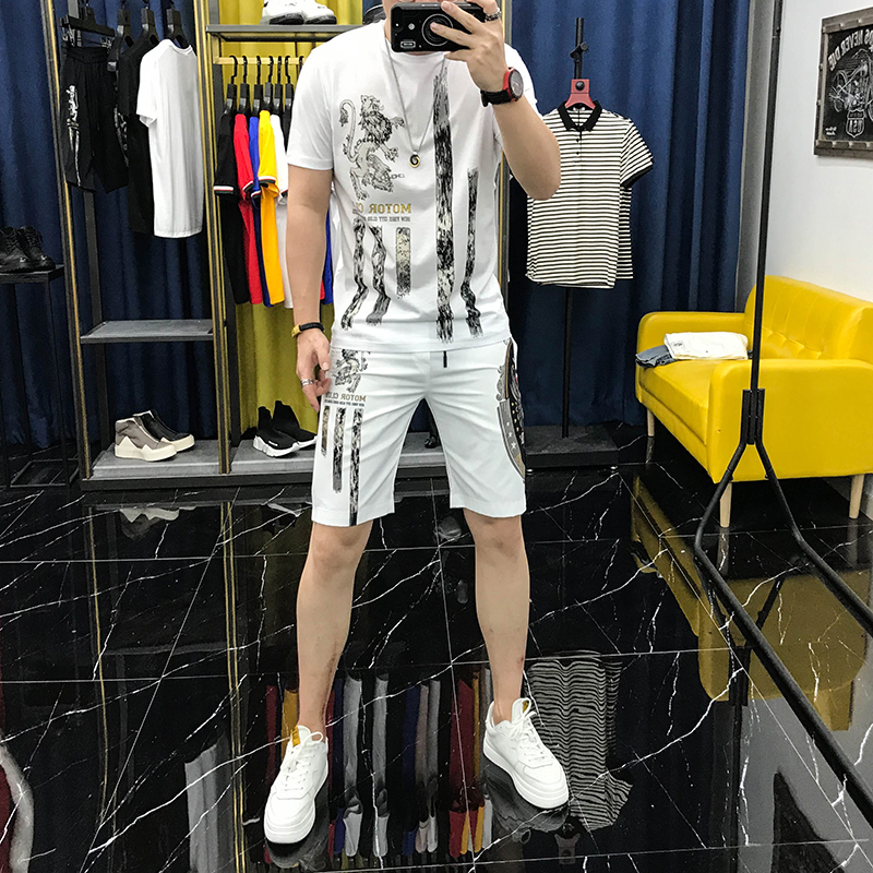 2022新款套装男士欧洲站夏季圆领短袖潮流印花薄款白色短裤两件套