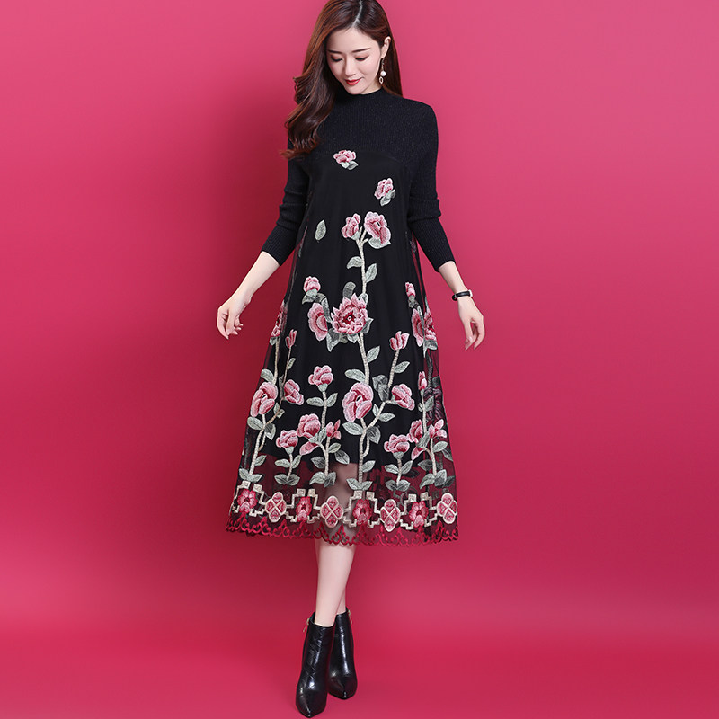 阔太太太复古精致刺绣连衣裙拼接绣花裙子内搭连衣裙