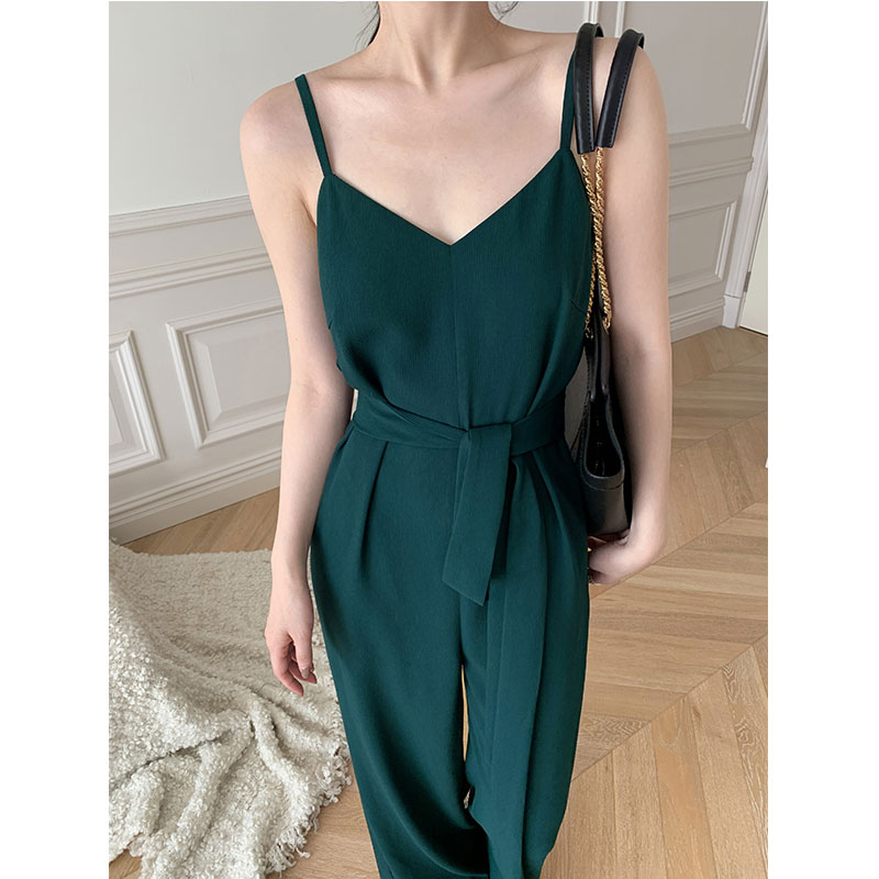 时髦吊带连体裤套装女夏季休闲长裤简约高腰垂感阔腿裤拖地连衣裤