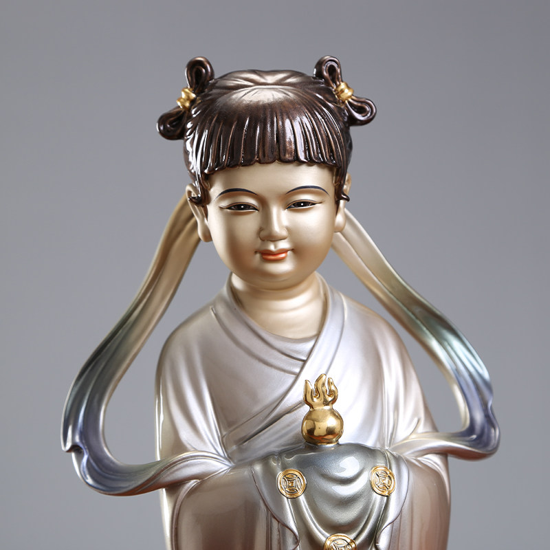 圆通工艺纯铜金童玉女摆件佛前招财散财童子龙女摆件