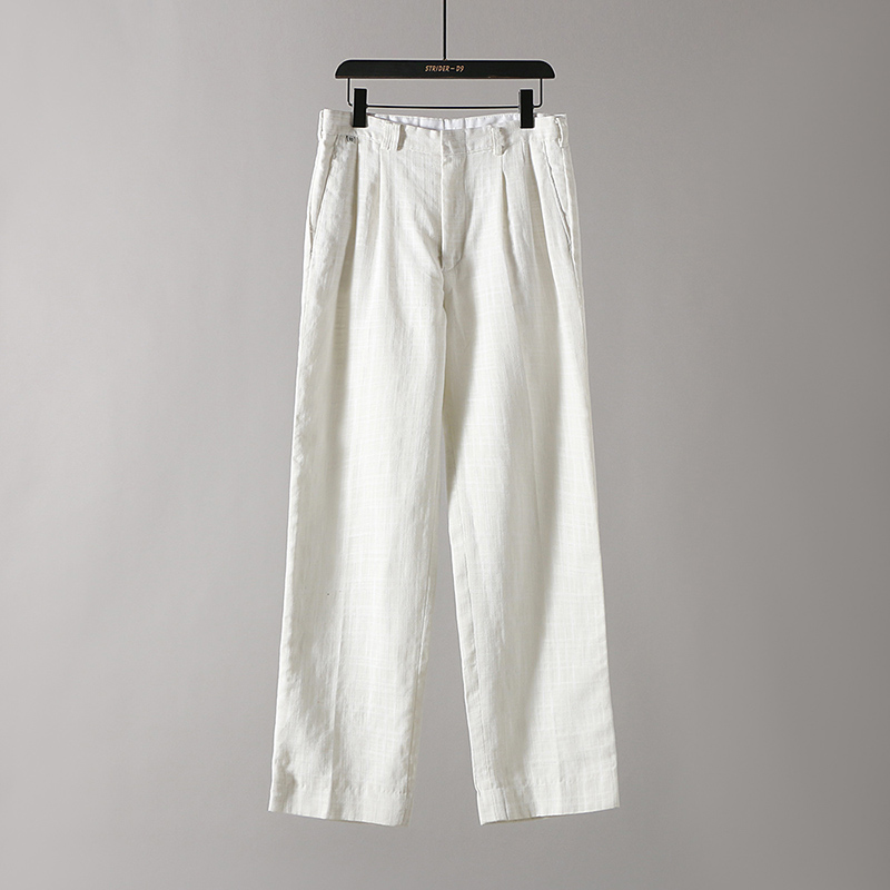 易网优选性价比强货 韩国订单夏季薄款纯苎麻格纹商务休闲长裤