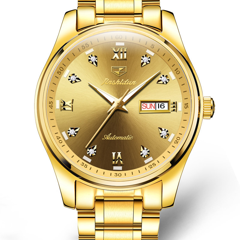 瑞士正品男士手表金仕盾全自动机械表时尚双日历防水夜光钢带金色