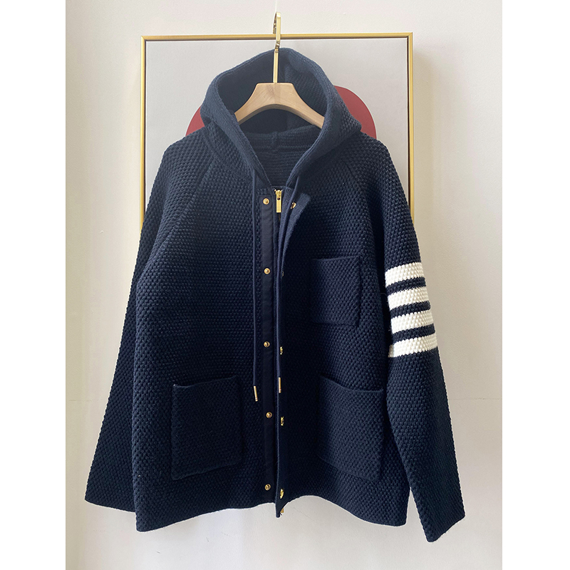 秋冬 28%羊毛混纺四道杠休闲连帽针织开衫毛衣男外套加厚
