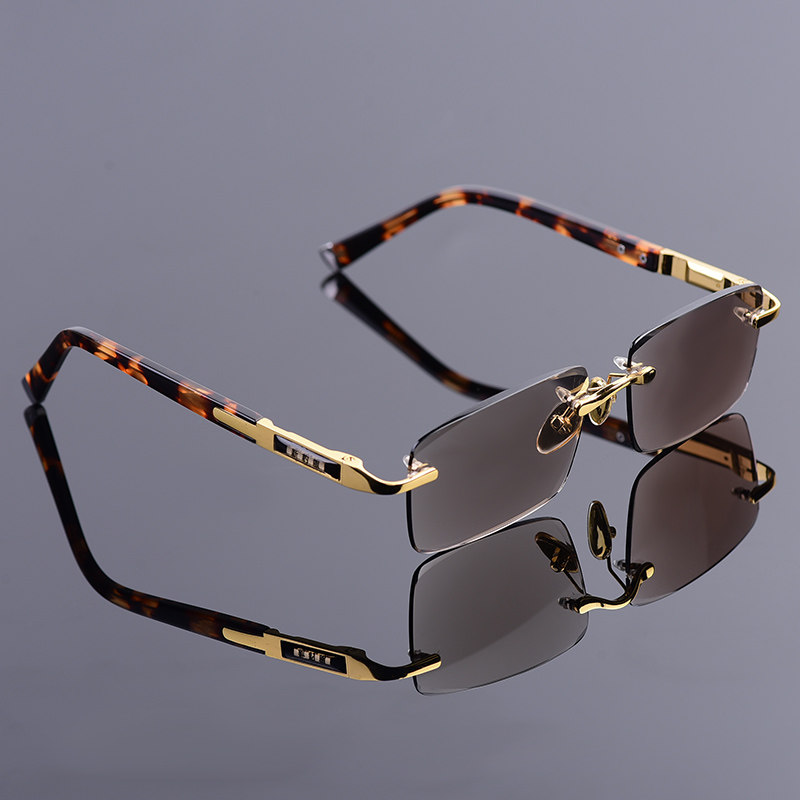 中老年天然水晶老花镜男款茶色无框石头镜高清老光时尚老花镜