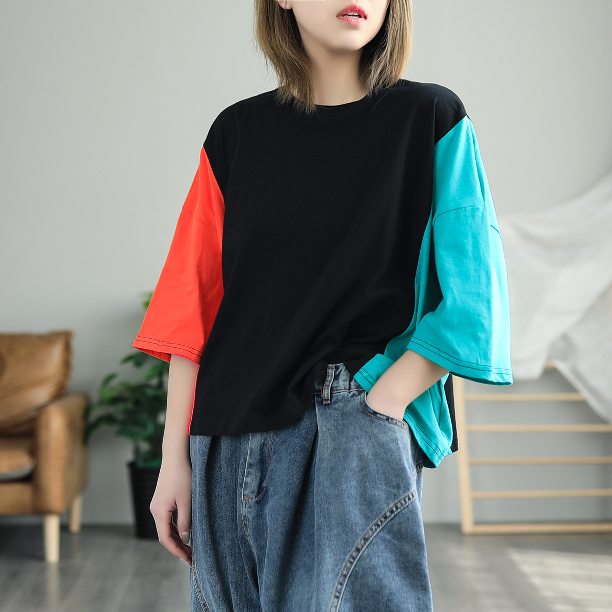 全棉拼色短袖恤女夏季新品文艺撞色宽松短款t恤