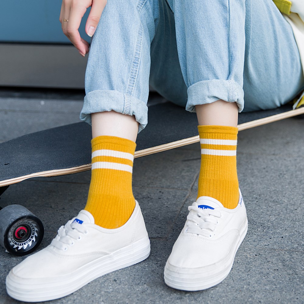 两杠条纹袜子女学院篮球袜韩国秋冬季ins街头运动中筒袜