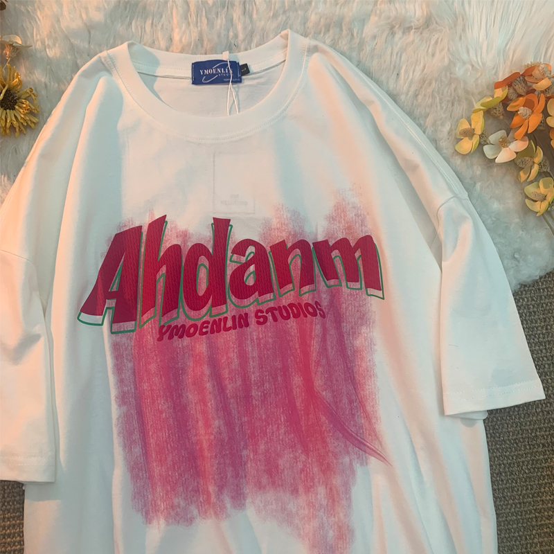 FUNTEAM 美式复古甜酷涂鸦字母圆领T恤男女潮牌宽松情侣装短袖ins