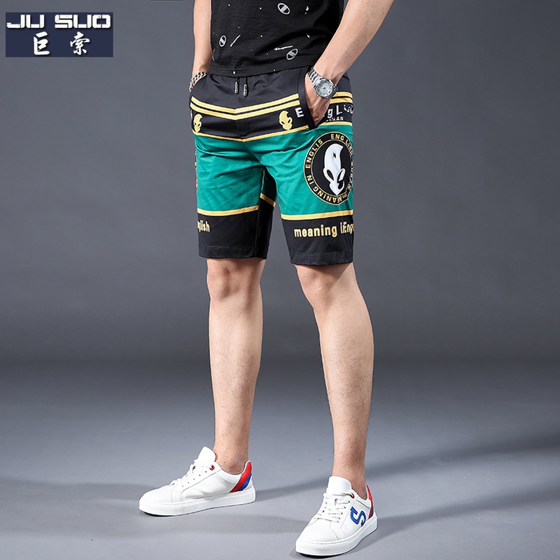 欧洲站时尚短裤男潮流撞色印花五分裤夏季冰丝运动短裤子休闲中裤