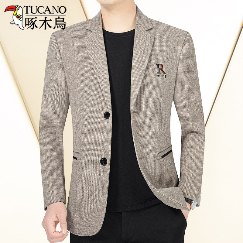 啄木鸟春季毛呢外套男2022新款中年呢子夹克春秋休闲西装爸爸春装