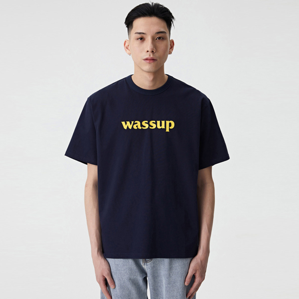 wassup短袖t恤圆领夏季潮流简约印花纯色纯棉休闲宽松男女装情侣