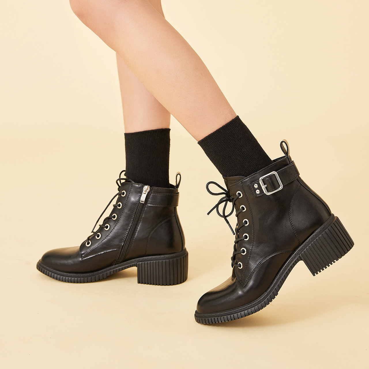 ief爱依服马丁靴女2020秋季新款圆头系带中筒马丁靴