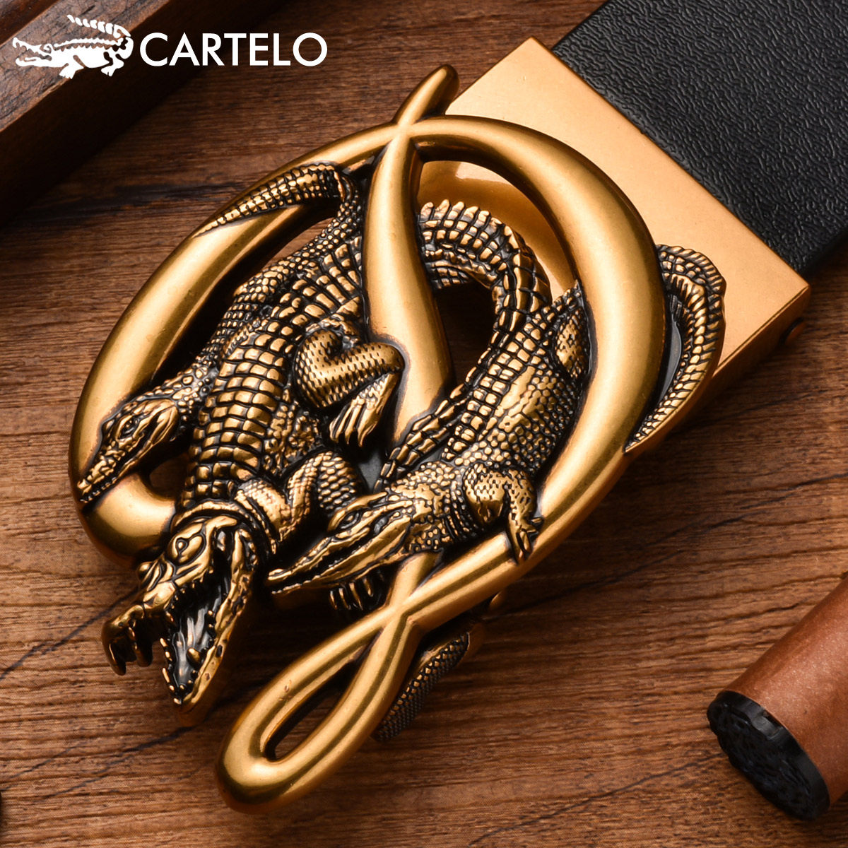 卡帝乐鳄鱼皮带男纯头牛皮暹罗浮雕合金自动腰带复古腰带