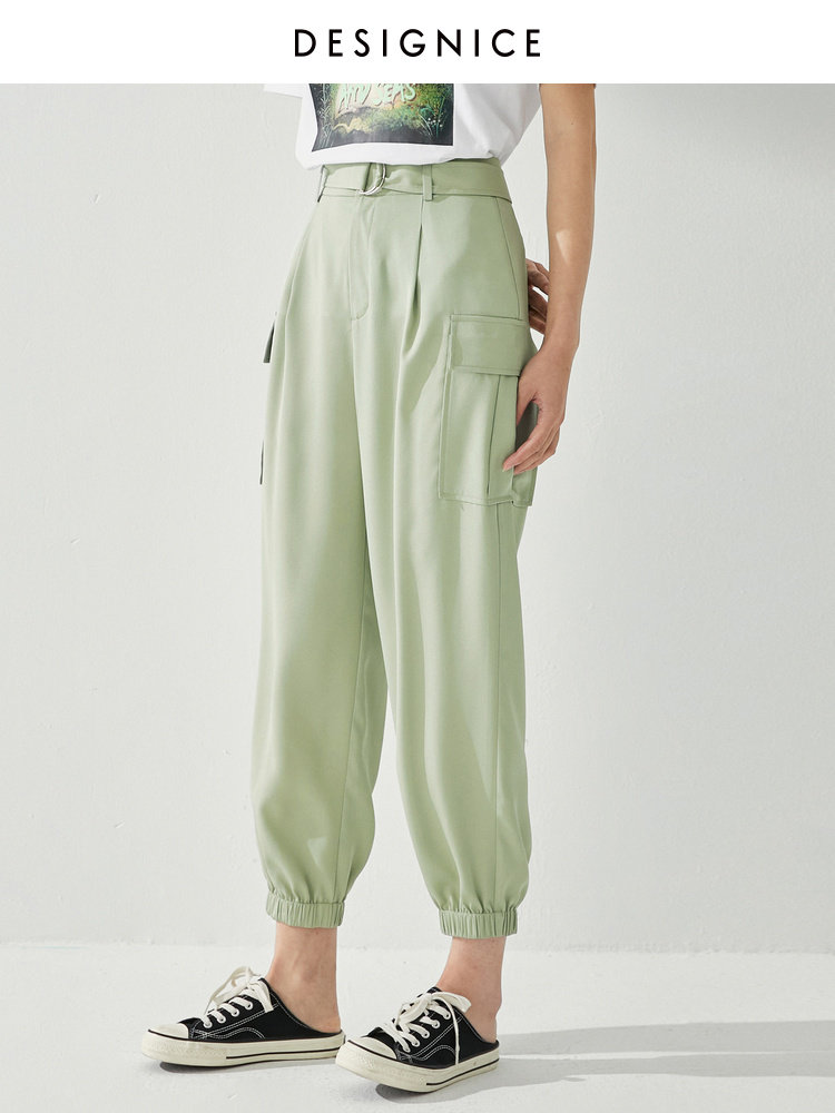 迪赛尼斯休闲裤涤纶夏涤纶裤女工装宽松裤子束脚筒裤休闲裤