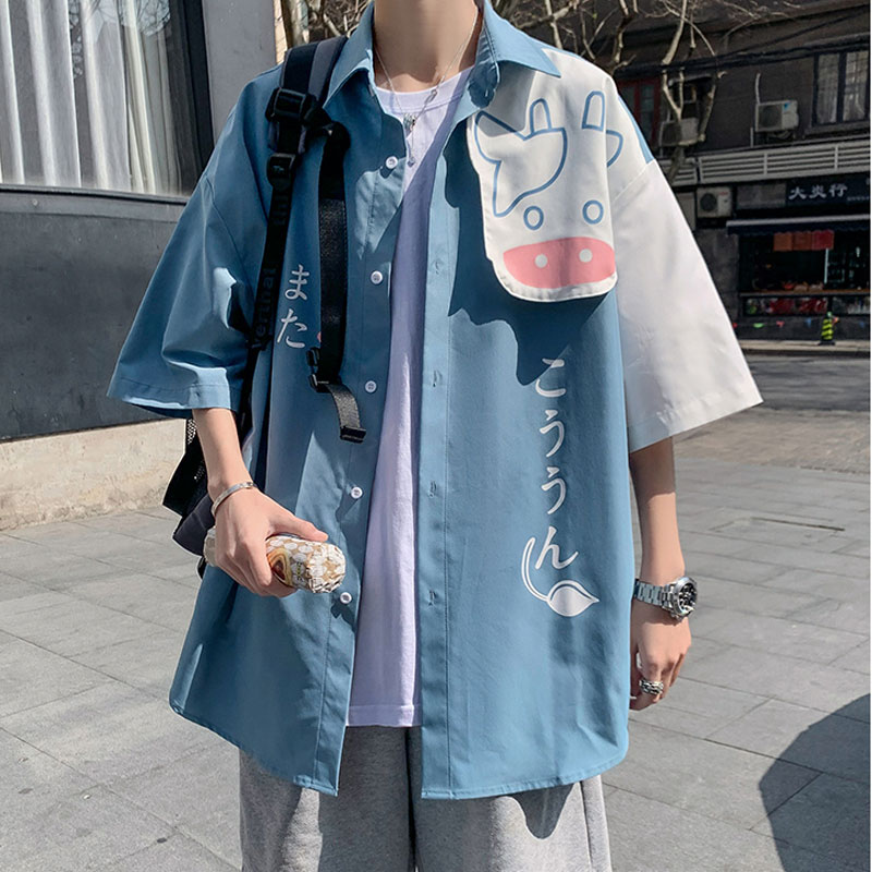 短袖衬衫男设计感ins夏季新款五分袖衬衣外套韩版潮流宽松情侣装