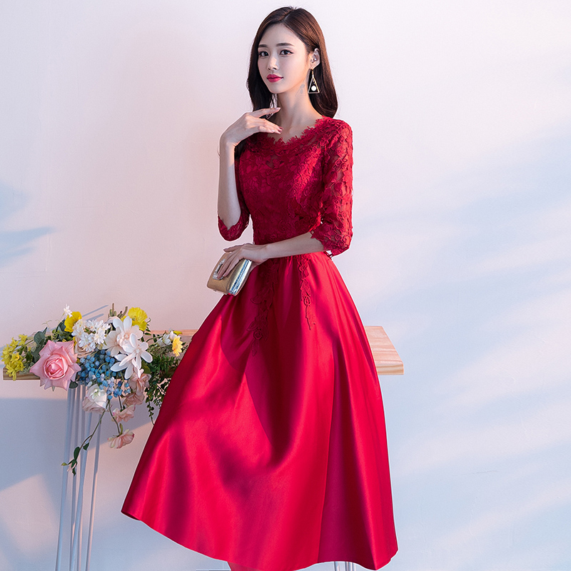 敬酒服新娘2019秋冬季红色回门订婚中长款显瘦结婚小礼服连衣裙女