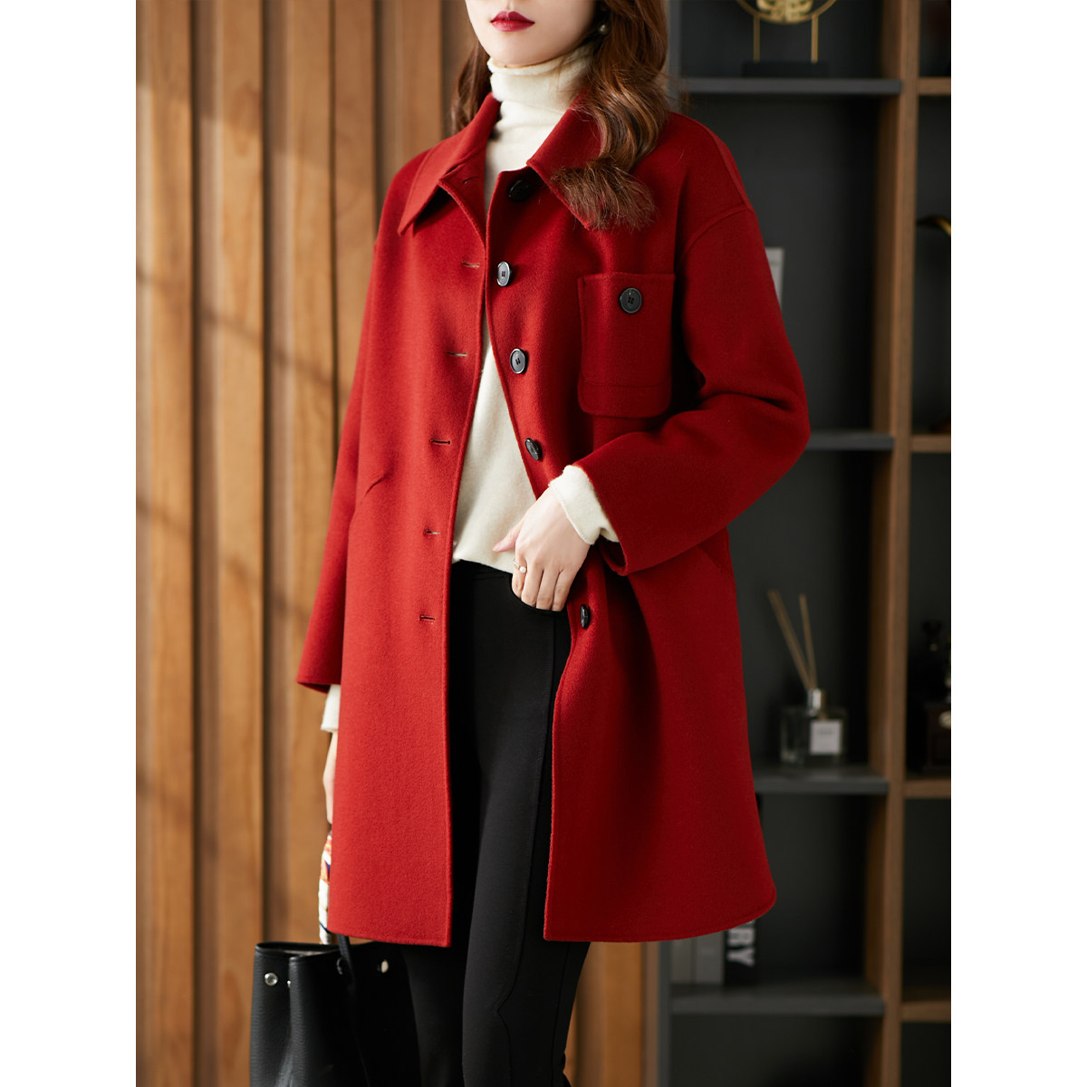 原形中长红色双面羊毛大衣2020冬季新款韩版宽毛呢外套