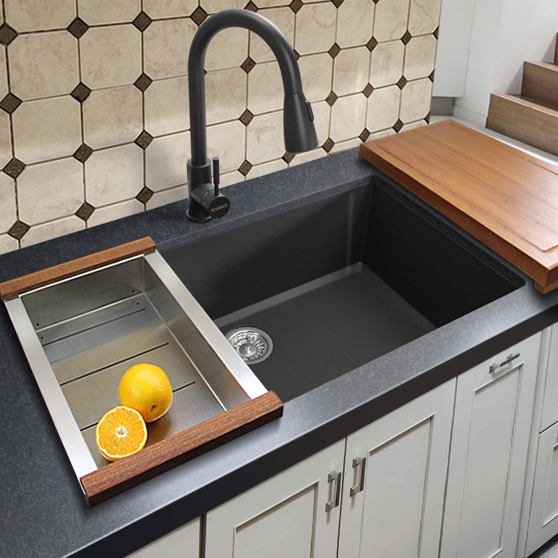 水槽迈锐博厨房水池洗碗池台上花岗岩单槽石英黑色水槽套餐