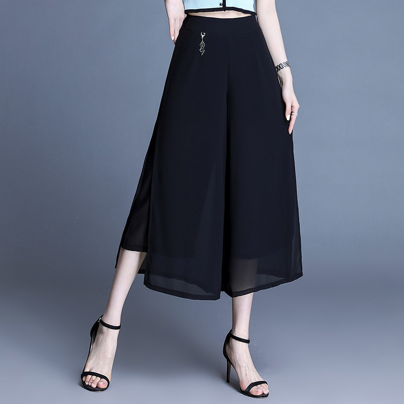 雪纺开叉宽腿显瘦裤裙阔腿宽松高腰八分裙裤休闲裤