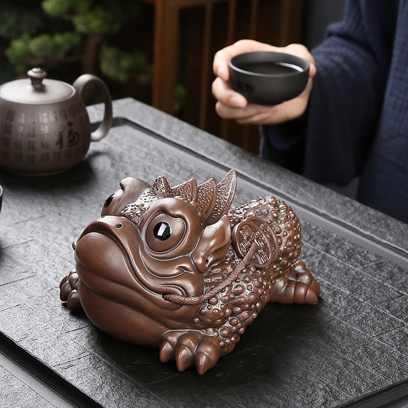金蟾茶宠摆件精品可养紫砂招财蟾蜍大号茶玩茶宠摆件