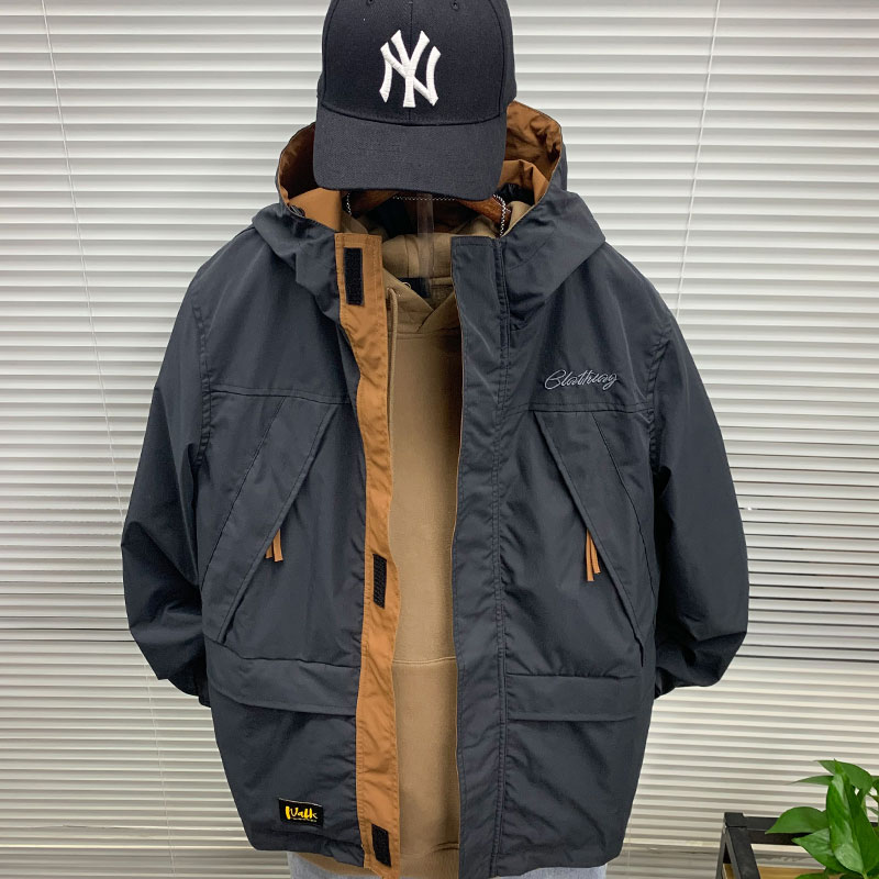 2022新款春秋季连帽工装夹克男士韩版潮牌ins宽松拼色外套冲锋衣